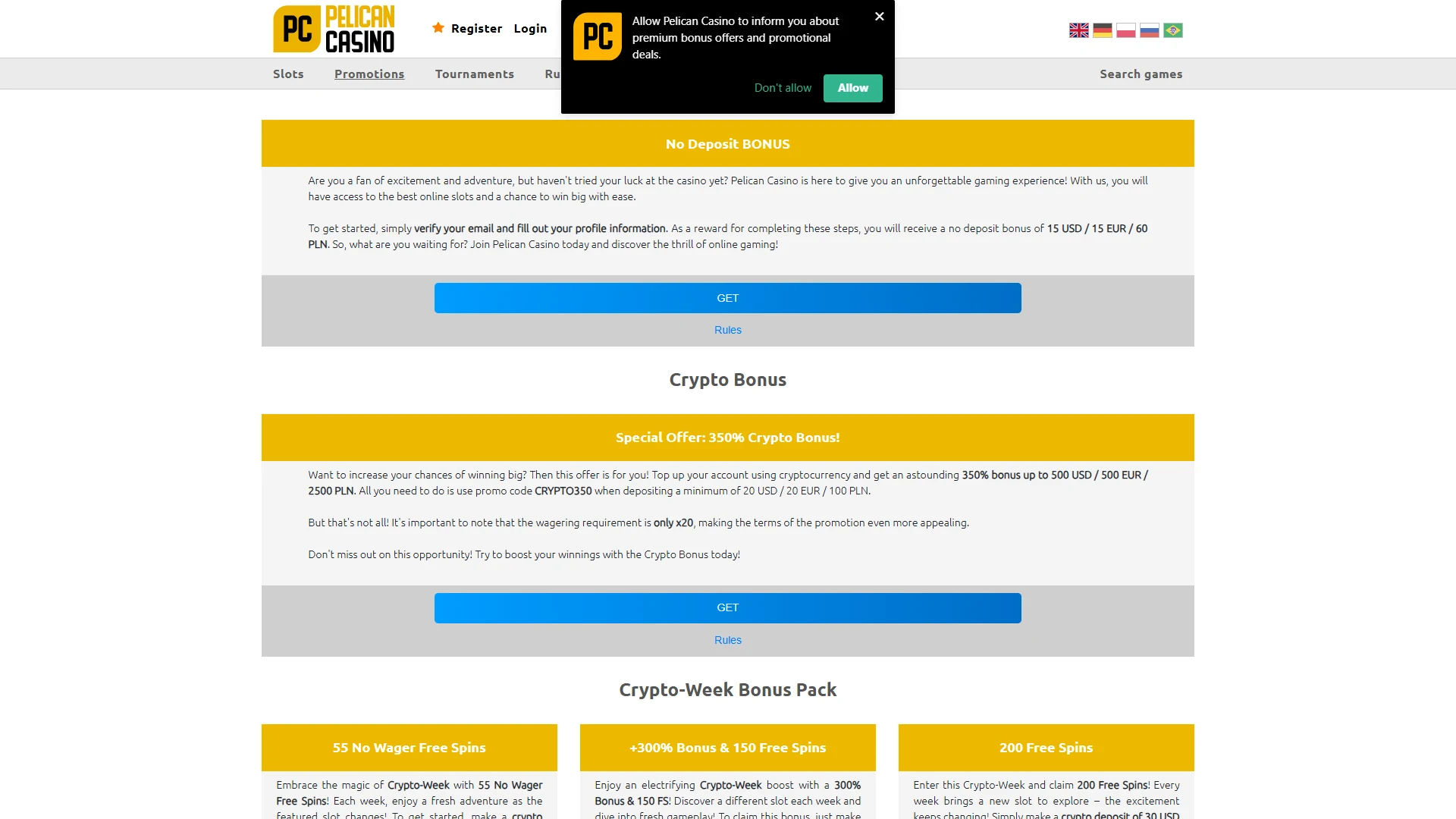Pelican Casino promotions page