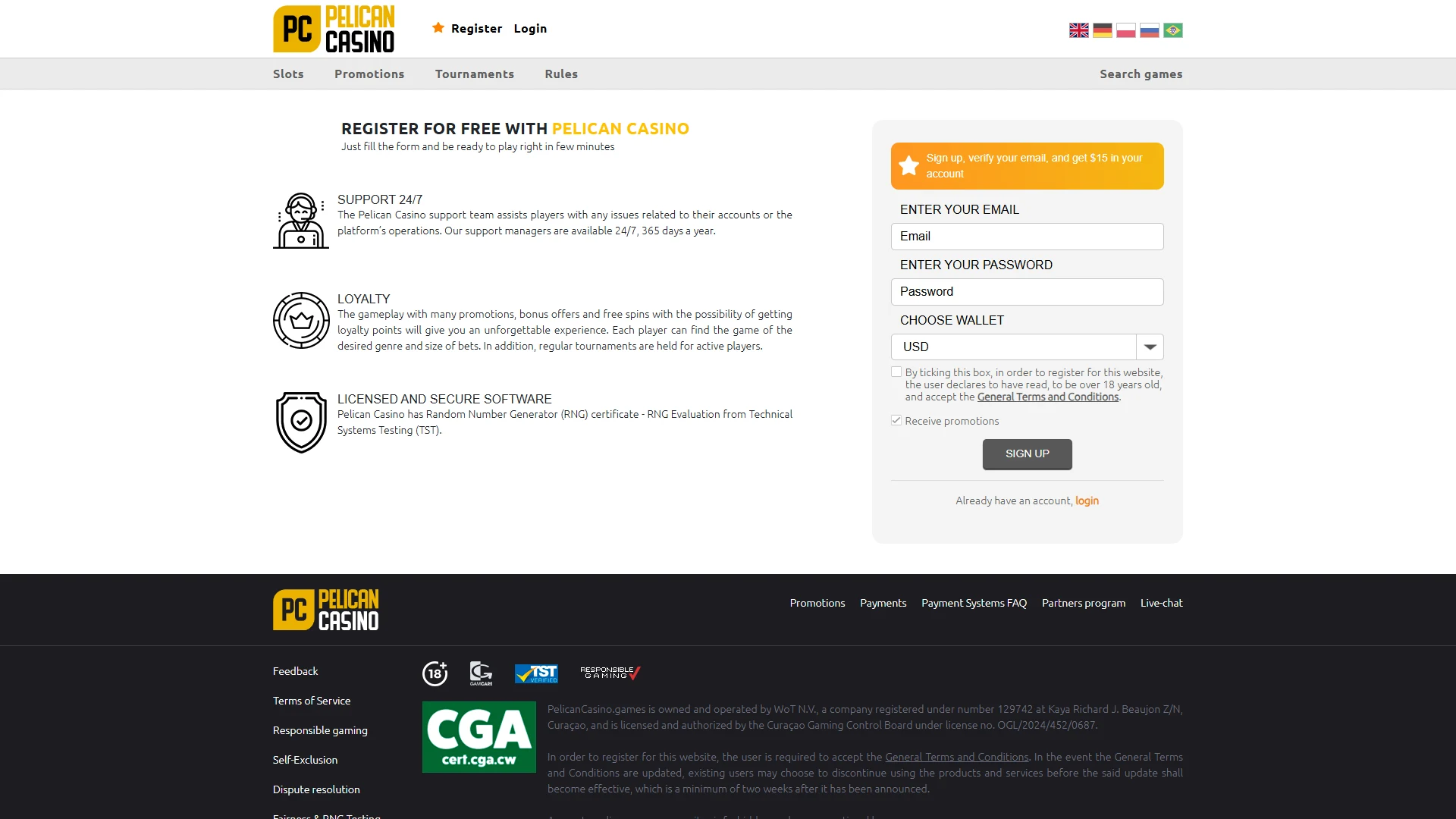Pelican Casino registration form